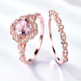 10K rose gold morganite engagement ring set for women with rectangle prong-set main stone and diamond accents