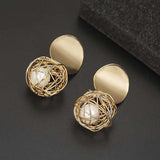 Vintage white pearl stud earrings with 14k yellow gold plating and zircon accents for women party and wedding jewelry