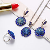 Vintage Gemstones Jewelry Set Antique Silver Women Jewelry Set Ring Earrings Pendant Necklace