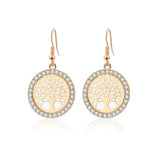 Vintage 14 K Gold Crystal Drop Earrings Hollow Tree of Life Round Earring Jewelry