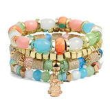 Vintage wristband beaded bracelet for women with colorful acrylic beads, silver-tone charms, and easy-hook clasp in bohemia style