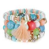 Vintage wristband beaded bracelet for women with multicolor beads, tassel charm, and bohemian style design