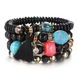 Vintage wristband beaded bracelet for women with colorful stones and tassel charm.