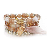Vintage wristband beaded bracelet for women with silver charm, acrylic beads, rope chain, and bohemia style featuring a feather and hand pendant