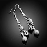 Long silver dangle earrings with multiple silver beads and water drop design for women wedding jewelry