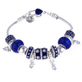 Silver charm bracelet with blue zircon beads and lobster claw clasp for women