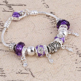 Silver charm bracelet with purple pink zircon beads and lobster clasp for women anniversary gift