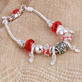 Silver charm bracelet with red pink zircon beads and lobster-claw clasp for women