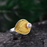 Genuine Pearl Leaf Ring 925 Sterling Silver For Women  Anniverssary Jewelry