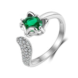 Silver plated romantic tail gemstone ring with green zircon and fox shape design for women